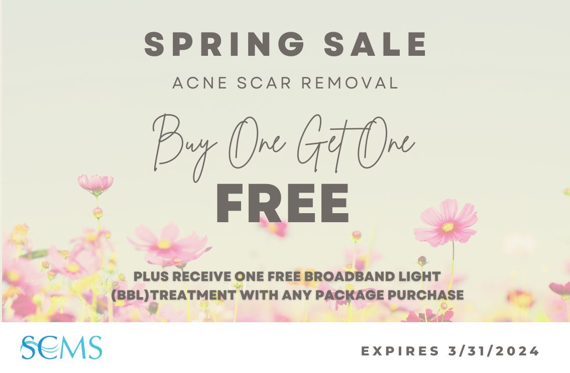 Spring Acne Scar Removal Special - Buy One Treatment, Get One Treatment Free. Plus receive one free BBL Photofacial treatment with any package purchase. Expires 3/31/24