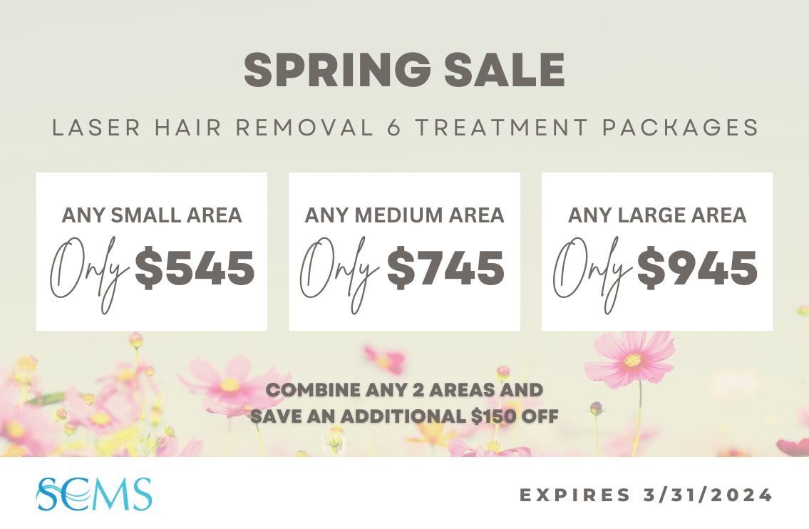 Spring Laser Hair Removal 6 Treatment Package Sale - Any Small Area - Only $545, Any Medium Area - Only $745, Any Large Area - Only $945. Combine any 2 areas and save an additional $150. Expires 3/31/24