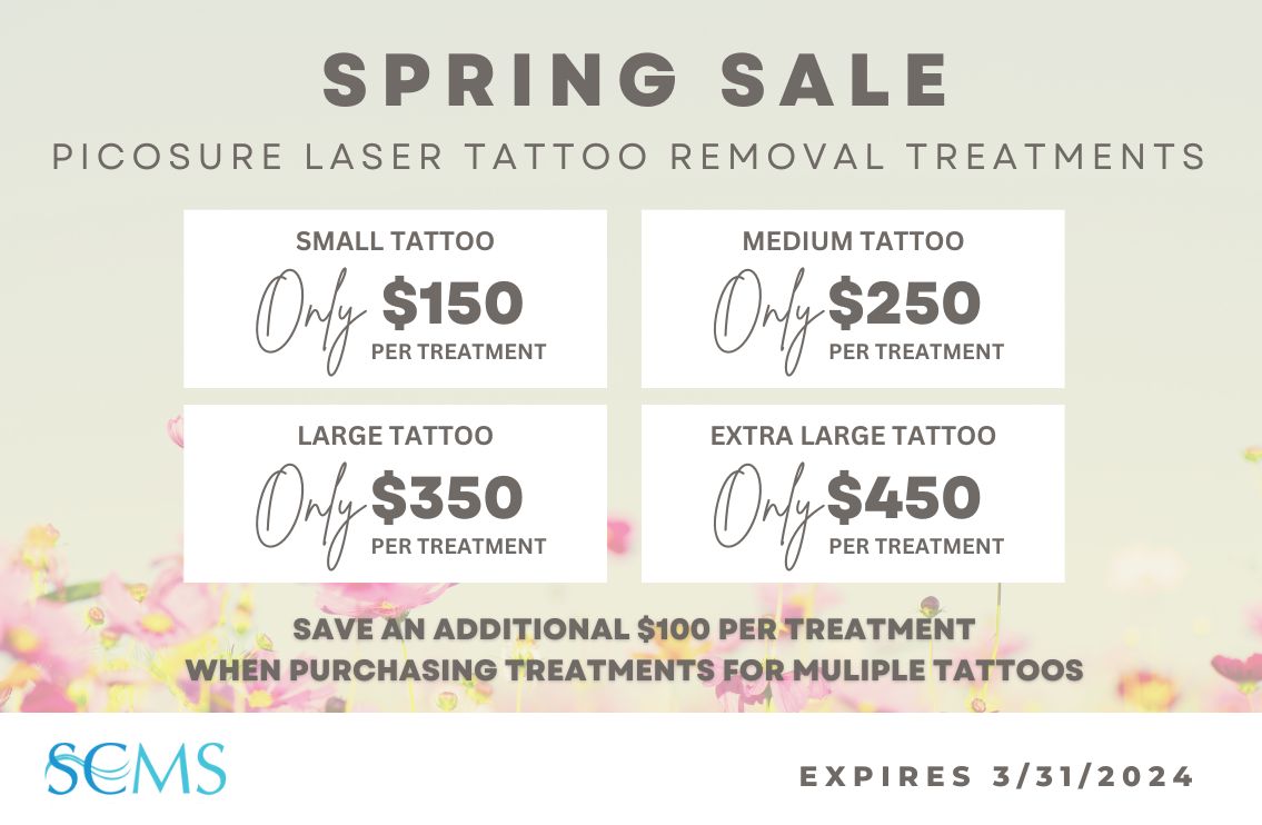 Spring PicoSure Laser Tattoo Removal Sale - Small tattoo - only $150 per treatment, Medium tattoo - Only $250 per treatment, Large - Only $350 per treatment, Extra Large Tattoo - Only $450 per treatment. Save an additional $100 per treatment when you buy multiple tattoos. Expires 3/31/24