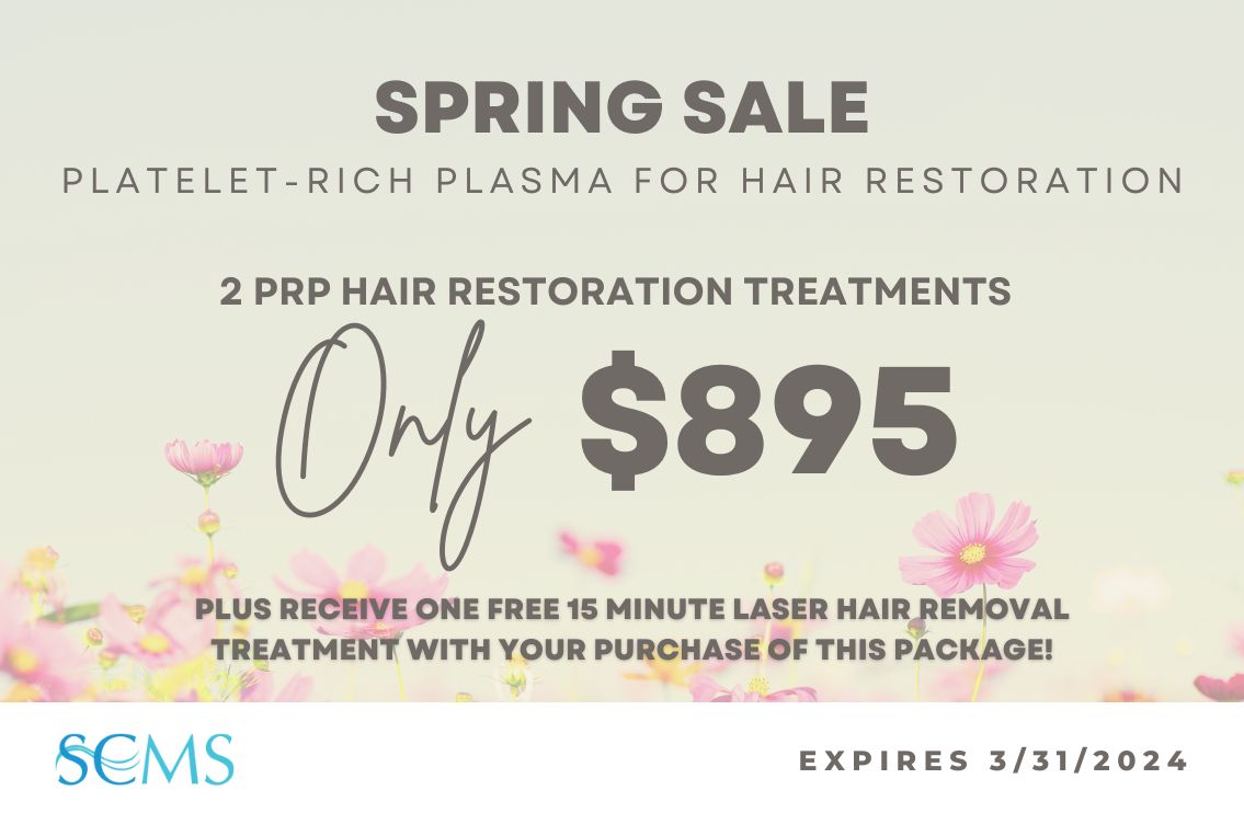 Spring Platelet-Rich Plasma for Hair Restoration Special - 2 PRP Hair Restoration Treatments Only $895! Plus receive 1 Free 15 minute laser hair removal treatment with this purchase- Expires 3/31/24