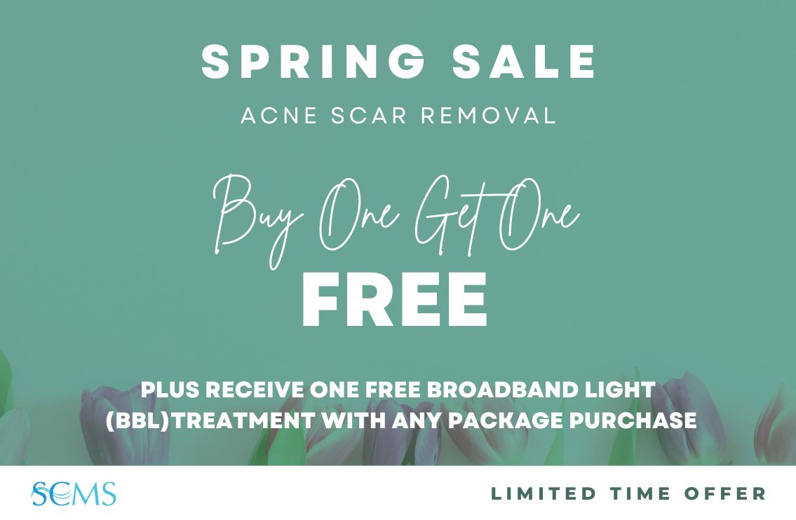 Spring Promo Sale Image with Offer: Buy One Acne Scar Removal Treatment, Get One Free, plus receive one free BBL Photofacial with any package purchase. Limited time offer.