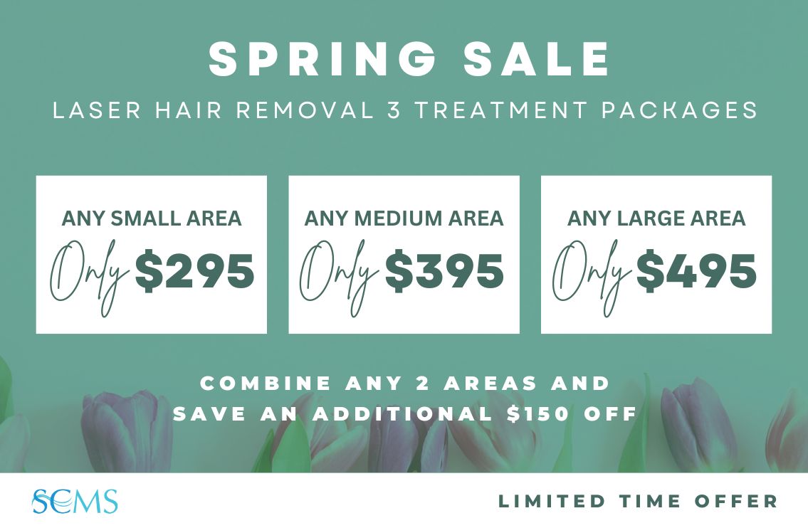 Spring Laser Hair Removal 3 Treatment Package Sale - Any Small Area - Only $295, Any Medium Area - Only $395, Any Large Area - Only $495. Combine any 2 areas and save an additional $150. Limited Time Offer.
