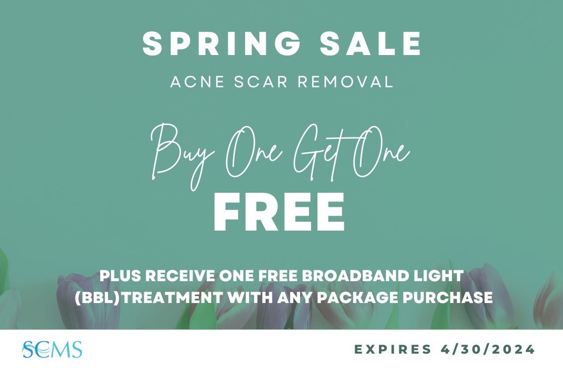 Spring Promo Sale Image with Offer: Buy One Acne Scar Removal Treatment, Get One Free, plus receive one free BBL Photofacial with any package purchase. Expires 4/30/24