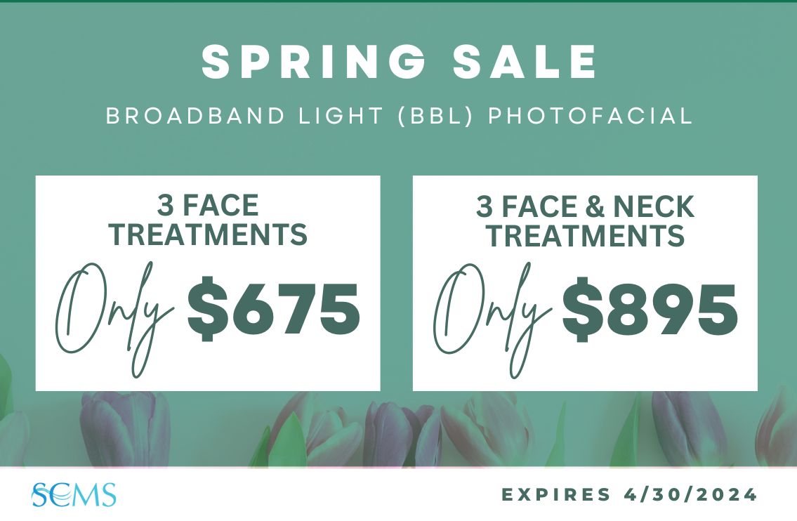 Spring BroadBand Light (BBL) Special - 3 BBL Face Treatments Only $675 or 3 BBL Face and Neck Treatments Only $895! Expires 4/30/24