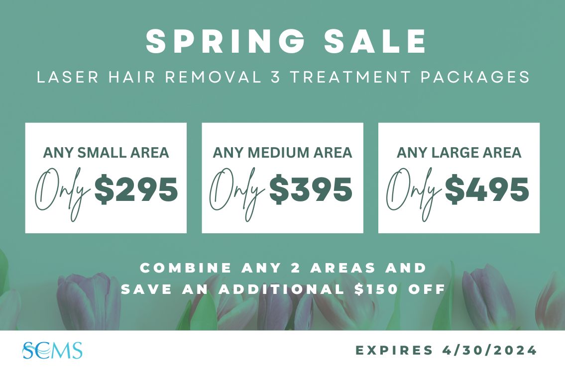 Spring Laser Hair Removal 3 Treatment Package Sale - Any Small Area - Only $295, Any Medium Area - Only $395, Any Large Area - Only $495. Combine any 2 areas and save an additional $150. Expires 4/30/24.