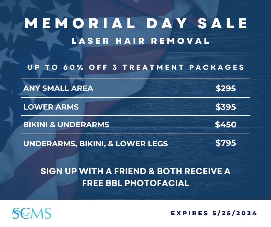 Memorial Day 3 Treatment Laser Hair Removal Sale: Any Small Area - $295, Lower Arms - $395, Bikini & Underarms - $450, Lower Legs, Bikini & Underarms - $795. Sign up with a friend and receive a free BBL photofacial Expires 5/25/24