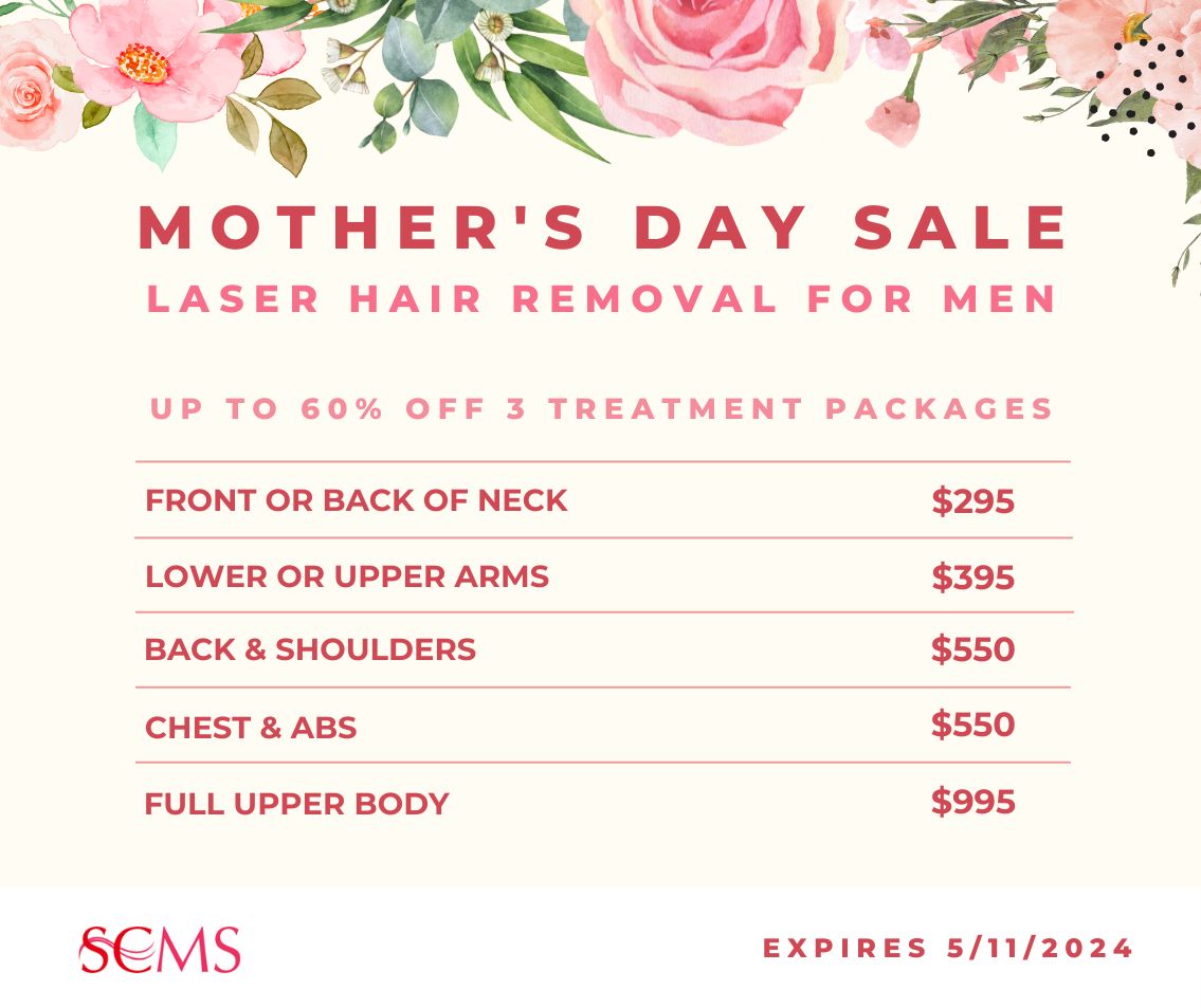 Mother's Day 3 Treatment Laser Hair Removal for Men Sale: .Front or Back of Neck - $295, Lower or Upper Arms - $395, Back & Shoulders - $550, Chest & Abs - $550, Full Upper Body $995 Expires 5/11/24