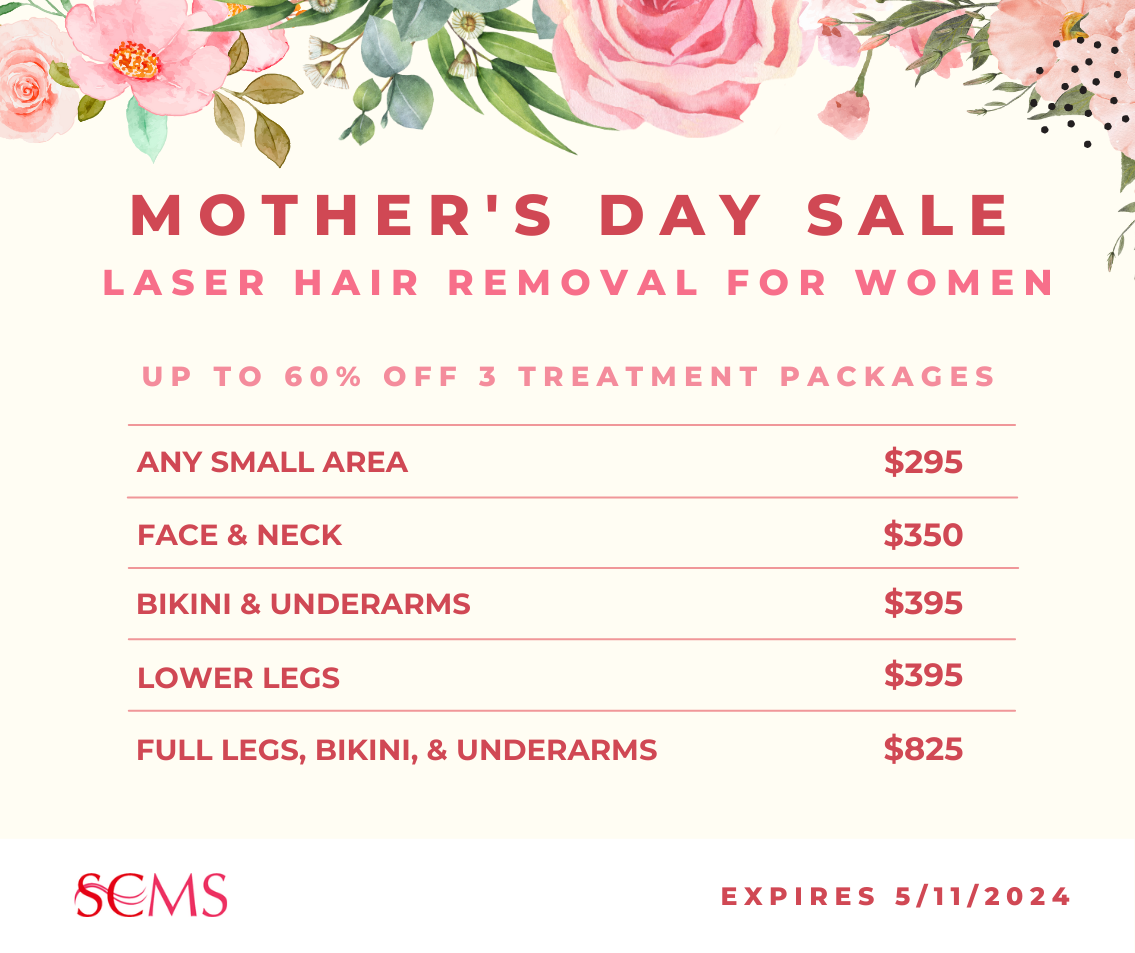 Mother's Day 3 Treatment Laser Hair Removal Sale: Any Small Area - $295, Face & Neck - $350, Bikini & Underarms - $395, Lower Legs - $395, Full Legs, Bikini & Underarms - $895. Expires 5/11/24