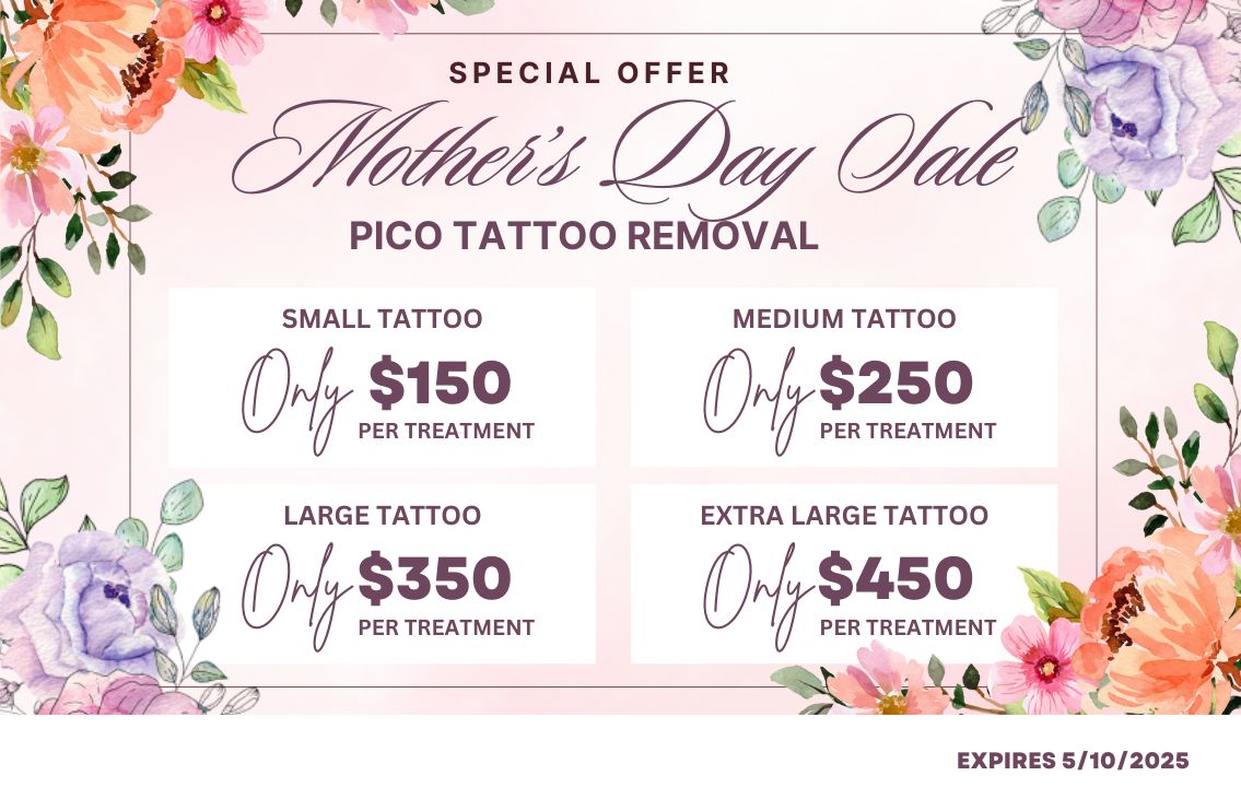 Mother's Day Pico Laser Tattoo Removal Sale - Small tattoo - only $150 per treatment, Medium tattoo - Only $250 per treatment, Large - Only $350 per treatment, Extra Large Tattoo - Only $450 per treatment. Expires 5/10/25