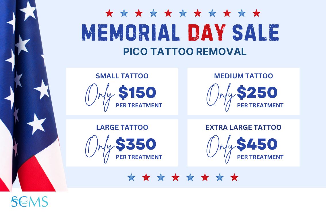 Memorial Day Pico Laser Tattoo Removal Sale - Small tattoo - only $150 per treatment, Medium tattoo - Only $250 per treatment, Large - Only $350 per treatment, Extra Large Tattoo - Only $450 per treatment.