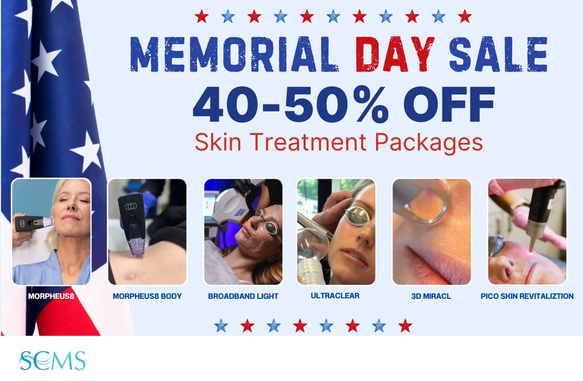 Memorial Day Skin Treatment Sale - Save 40-50% off Skin Treatment Packages including Morpheus8, Morpheus8 Body, BroadBand Light, UltraClear, 3D Miracl, and Pico Skin Revitalization. Limited time offer