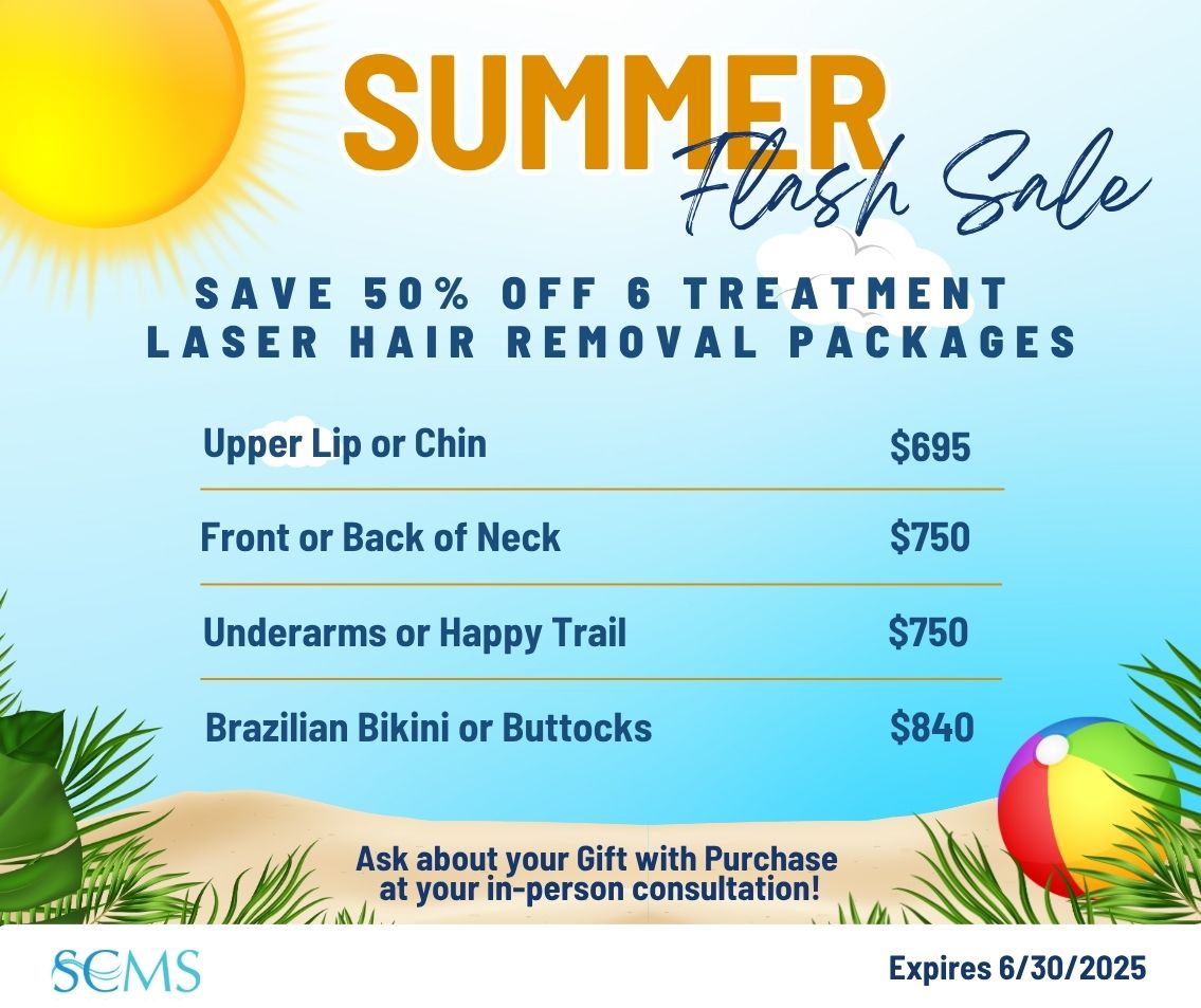 Save 50% off 6 treatment laser hair removal packages. Upper Lip or Chin -only $695, Front or Back of Neck - only $750, Underarms or Happy Trail - only $750, Brazilian Bikini or Buttocks - only $840. Ask about your free gift with purchase at your in-person consultation. Expires 6/30/25
