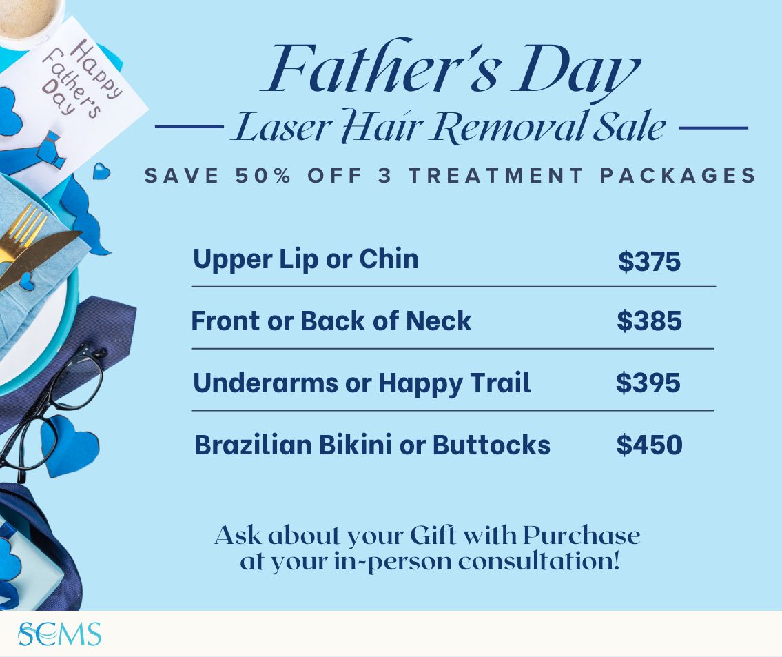 Father's Day Sale - Save 50% off 3 treatment laser hair removal packages. Upper Lip or Chin -only $375, Front or Back of Neck - only $385, Underarms or Happy Trail - only $395, Brazilian Bikini or Buttocks - only $450. Ask about your free gift with purchase at your in-person consultation. Limited time offer