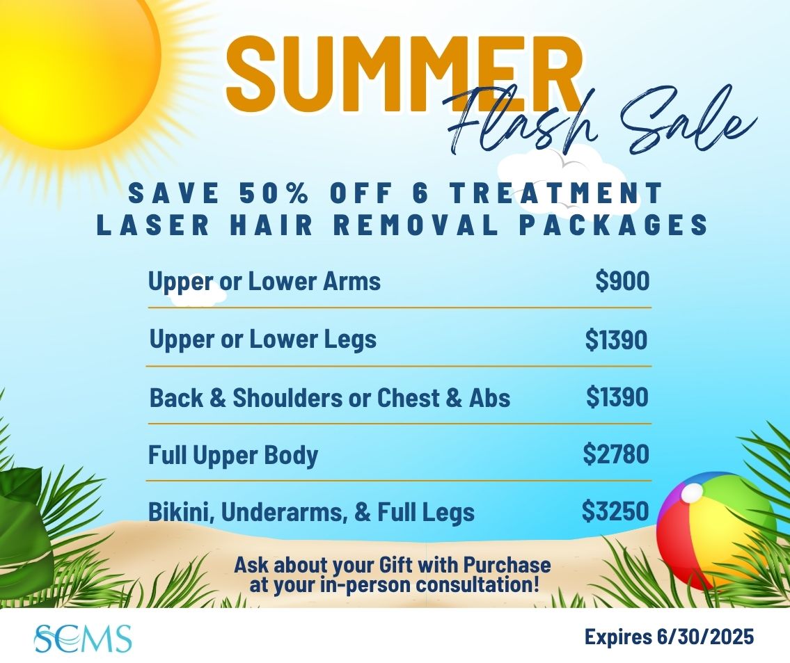 Save 50% on 6 treatment laser hair removal packages. upper or lower arms $900, Upper or Lower Legs - only $1390, Back and Shoulders or Chest and Abs - only $1390, full upper body - only $2780, Bikini, Underarms, & Full Legs - only $3250. Ask about your free gift with purchase at your in-person consultation. Expires 6/30/25
