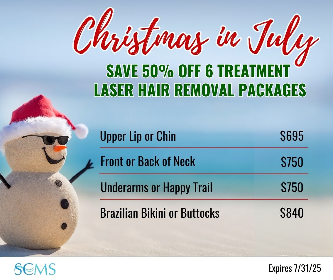 Christmas in July Sale - Save 50% off 6 treatment laser hair removal packages. Upper Lip or Chin -only $695, Front or Back of Neck - only $750, Underarms or Happy Trail - only $750, Brazilian Bikini or Buttocks - only $840. Ask about your free gift with purchase at your in-person consultation. Expires 7/31/25