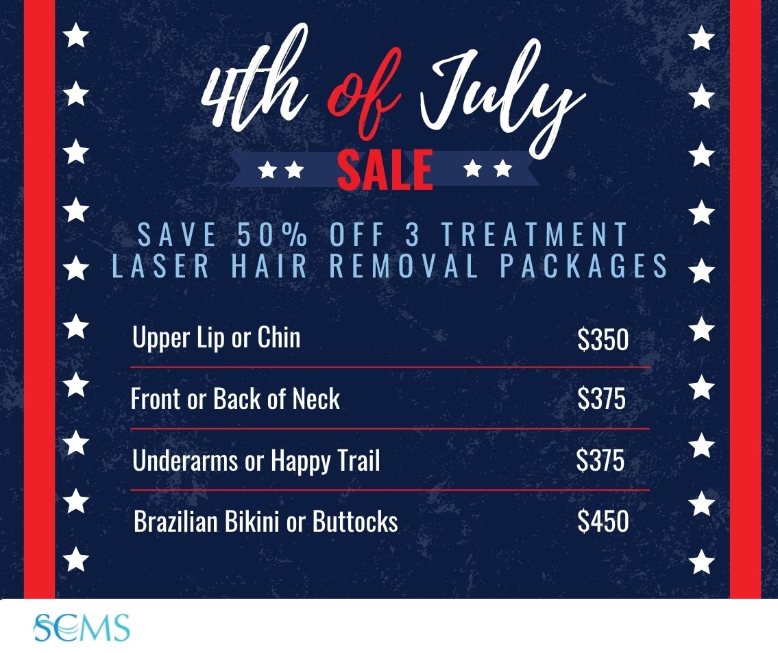 July 4th Sale - Save 50% off 3 treatment laser hair removal packages. Upper Lip or Chin -only $350, Front or Back of Neck - only $375, Underarms or Happy Trail - only $375, Brazilian Bikini or Buttocks - only $450. Limited Time Offer