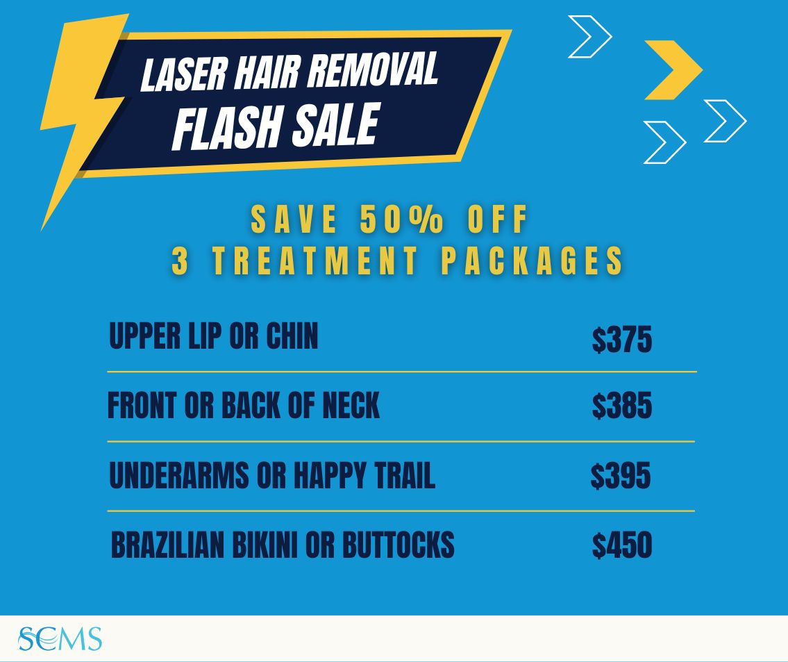 Flash Sale - Save 50% off 3 treatment laser hair removal packages. Upper Lip or Chin -only $375, Front or Back of Neck - only $385, Underarms or Happy Trail - only $395, Brazilian Bikini or Buttocks - only $450. Limited time offer