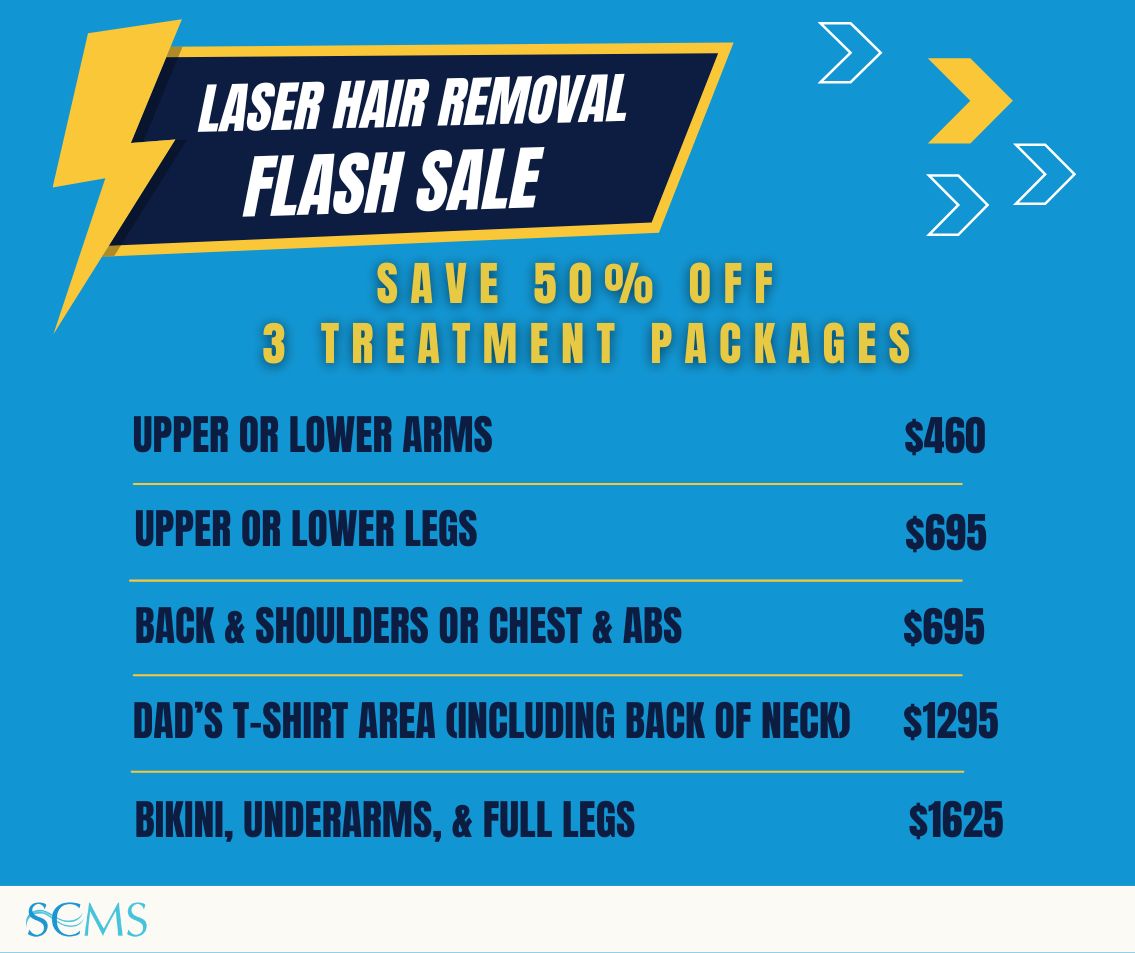 Flash Sale - Save 50% on 3 treatment laser hair removal packages. upper or lower arms $460, Upper or Lower Legs - only $695, Back and Shoulders or Chest and Abs - only $695, Dad's T-shirt area, including back of neck - only $1295, Bikini, Underarms, & Full Legs - only $1625. Limited time offer