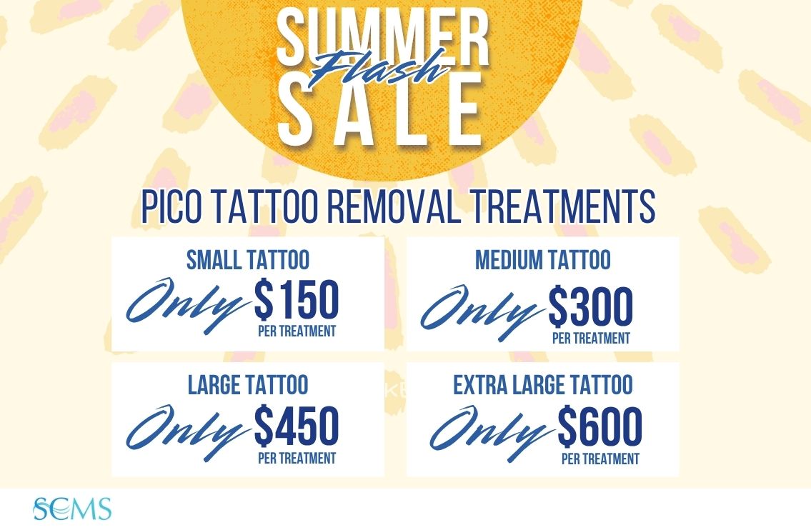 Summer Flash Sale on Pico Laser Tattoo Removal - Small tattoo - only $150 per treatment, Medium tattoo - Only $300 per treatment, Large - Only $450 per treatment, Extra Large Tattoo - Only $600 per treatment. Ask about your free gift with purchase at your in-person consultation. Limited Time Offer