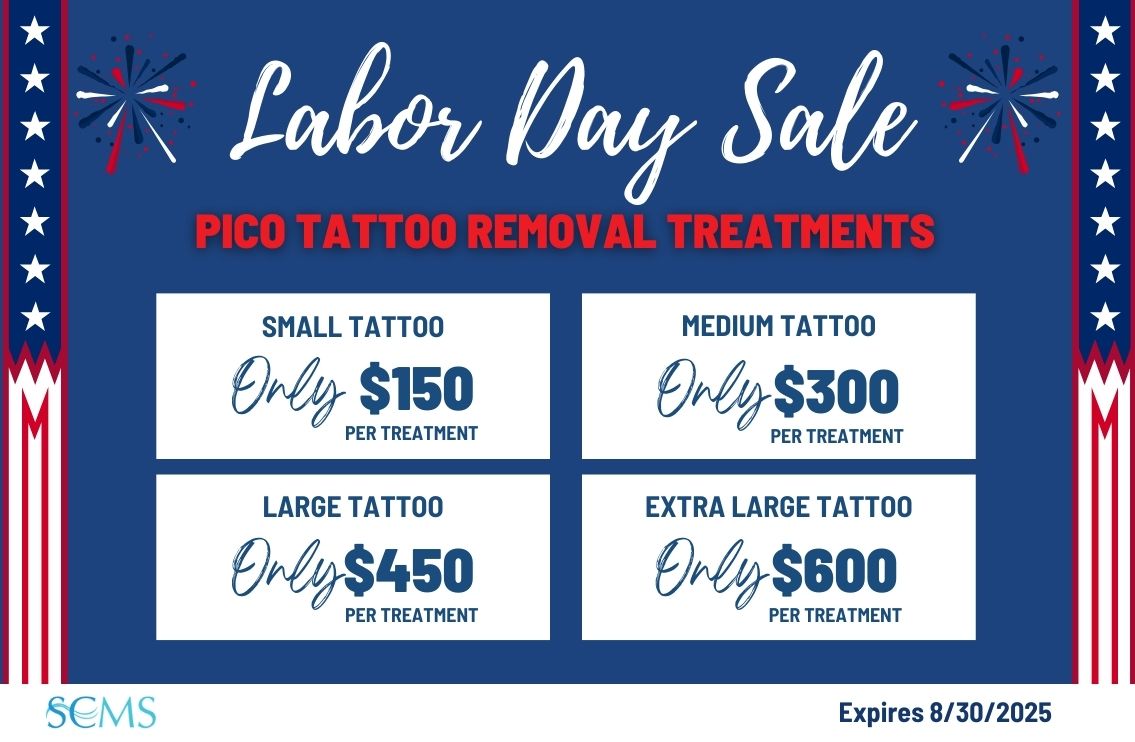 Labor Day Sale - Pico Laser Tattoo Removal - Small tattoo - only $150 per treatment, Medium tattoo - Only $300 per treatment, Large - Only $450 per treatment, Extra Large Tattoo - Only $600 per treatment. Ask about your free gift with purchase at your in-person consultation. Expires 8/30/25