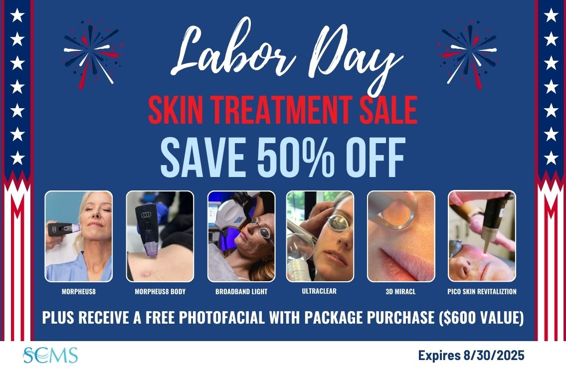 Labor Day Sale - Save 50% off Skin Treatment Packages including Morpheus8, Morpheus8 Body, BroadBand Light, UltraClear, 3D Miracl, and Pico Skin Revitalization. Plus receive a FREE photo facial with package purchase. Expires 8/30/25