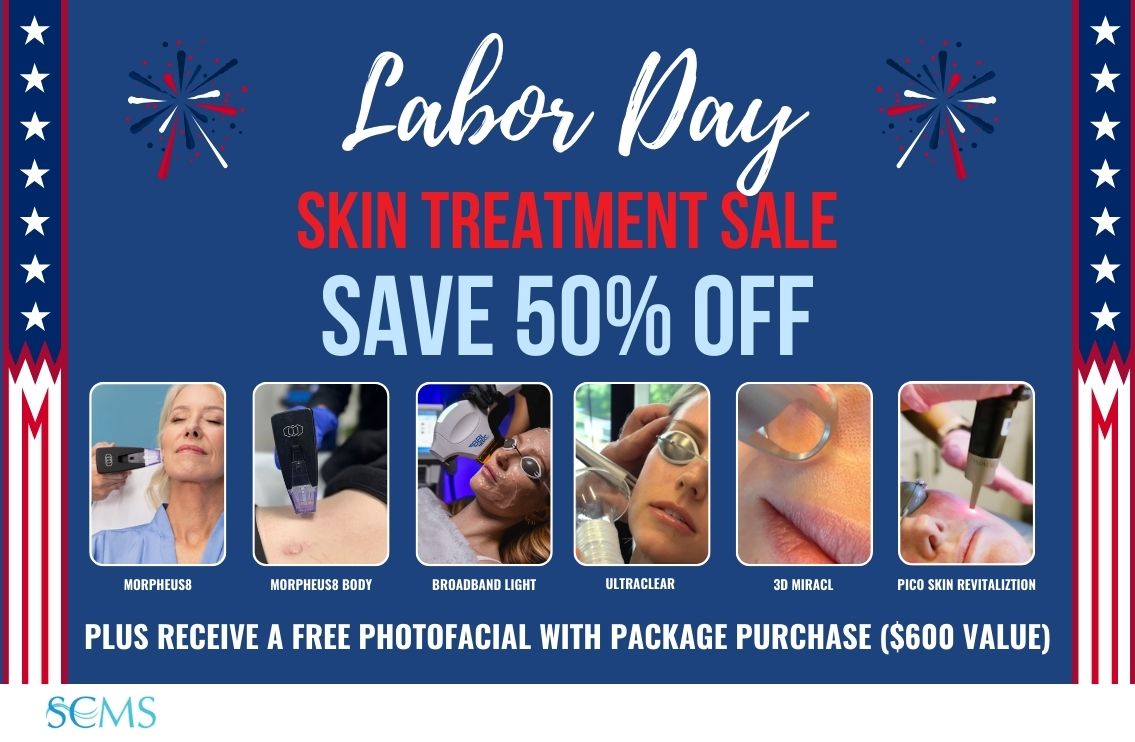 Labor Day Sale - Save 50% off Skin Treatment Packages including Morpheus8, Morpheus8 Body, BroadBand Light, UltraClear, 3D Miracl, and Pico Skin Revitalization. Plus receive a FREE photo facial with package purchase. Limited Time Offer