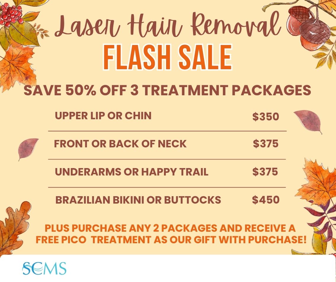 Flash Sale - Save 50% off 3 treatment laser hair removal packages. Upper Lip or Chin -only $350, Front or Back of Neck - only $375, Underarms or Happy Trail - only $375, Brazilian Bikini or Buttocks - only $450. Plus purchase any two packages and receive a free pico treatment with purchase. Limited Time Offer