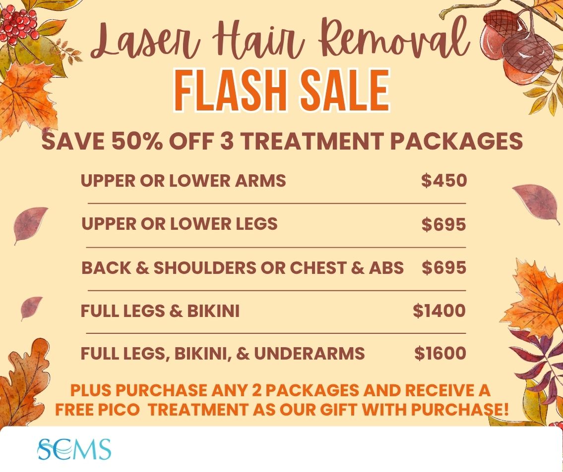 Flash Sale - Save 50% on 3 treatment laser hair removal packages. upper or lower arms $450, Upper or Lower Legs - only $695, Back and Shoulders or Chest and Abs - only $695, Full Legs and Bikini - only $1400, Bikini, Underarms, & Full Legs - only $1600. Plus purchase any two packages and receive a free pico treatment with purchase. . Limited Time Offer