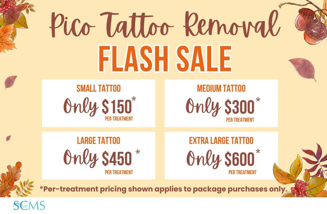 Flash Sale - Pico Laser Tattoo Removal - Small tattoo - only $150 per treatment, Medium tattoo - Only $300 per treatment, Large - Only $450 per treatment, Extra Large Tattoo - Only $600 per treatment. * Per Treatment pricing shown applies to package purchases only. Limited time offer.