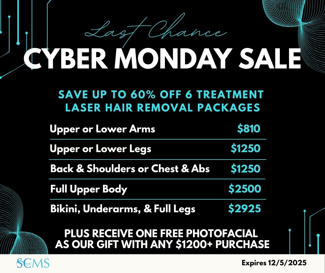 Last Chance Cyber Monday Sale - Save up to 60% Off 6 Treatment Laser Hair Removal Treatments. Upper or Lower Arms - $810. Upper or Lower Legs - $1250. Back and Shoulders or Chest and Abs - Only $1250. Full Upper Body $2500. Bikini, Underarms, and Full Legs - $2925. Limited Time Offer. Plus receive a free photofacial with any $1200+ purchase! Expires 12/5/2025
