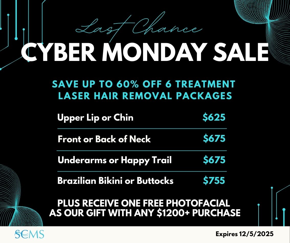 Last Chance Cyber Monday Sale - Save up to 60% Off 6 Treatment Laser Hair Removal Treatments. Upper Lip or Chin - $625. Front or Back of neck - $675. Underarms or Happy Trail - $675. Brazilian Bikini or Buttocks - $755. Limited Time Offer. Plus receive a free photofacial with any $1200+ purchase! Expires 12/5/2025