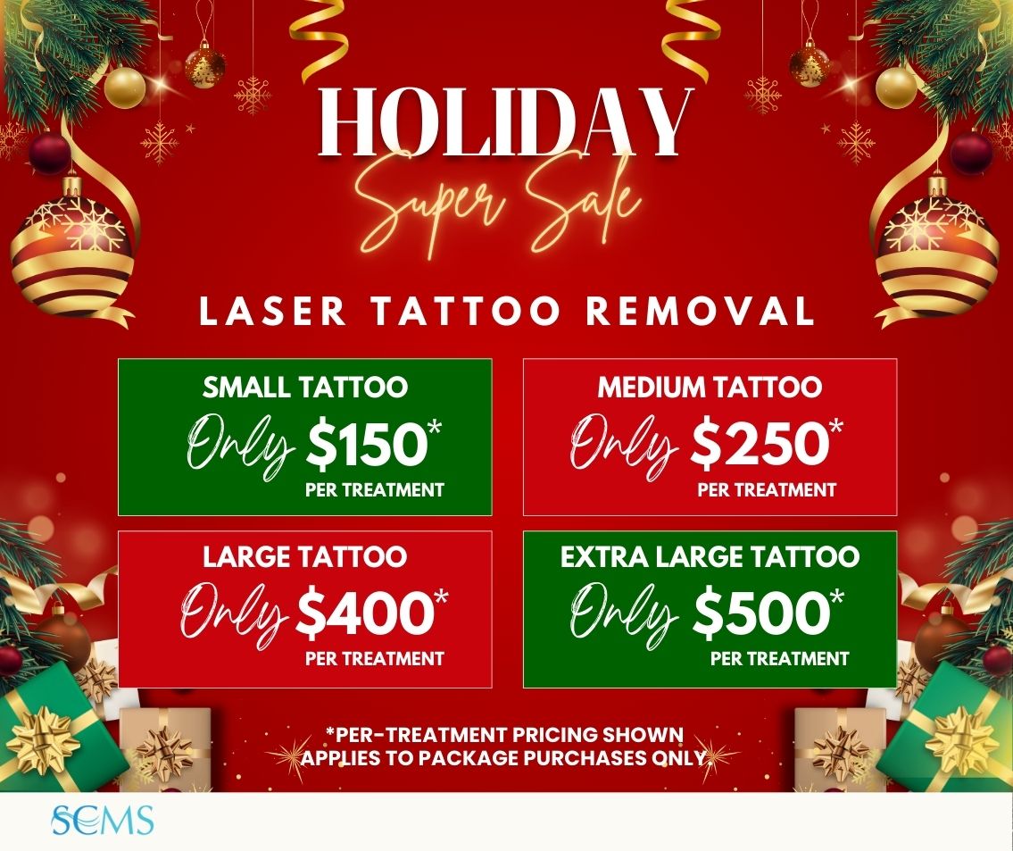 Holiday Super Sale - Laser Tattoo Removal Small tattoo - Only $150 Per Treatment Medium Tattoo - Only $250 Per Treatment Large Tattoo - Only $400 Per Treatment Extra Large Tattoo - Only $500 Per Treatment. *Per Treatment Pricing shown applies to package purchases only. Limited Time Offer