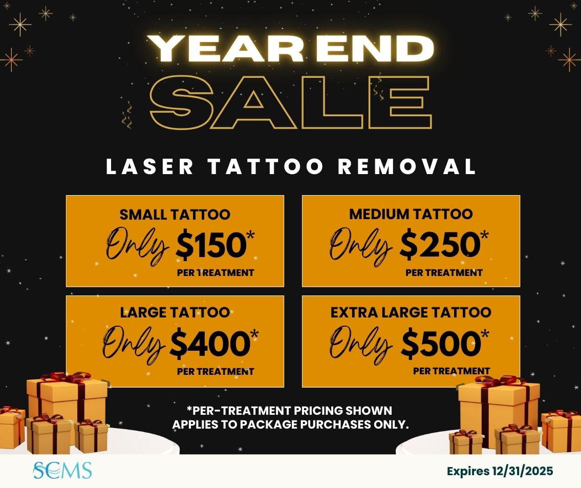 Year End Sale - Laser Tattoo Removal Small tattoo - Only $150 Per Treatment Medium Tattoo - Only $250 Per Treatment Large Tattoo - Only $400 Per Treatment Extra Large Tattoo - Only $500 Per Treatment. *Per Treatment Pricing shown applies to package purchases only. Expires 12/31/25