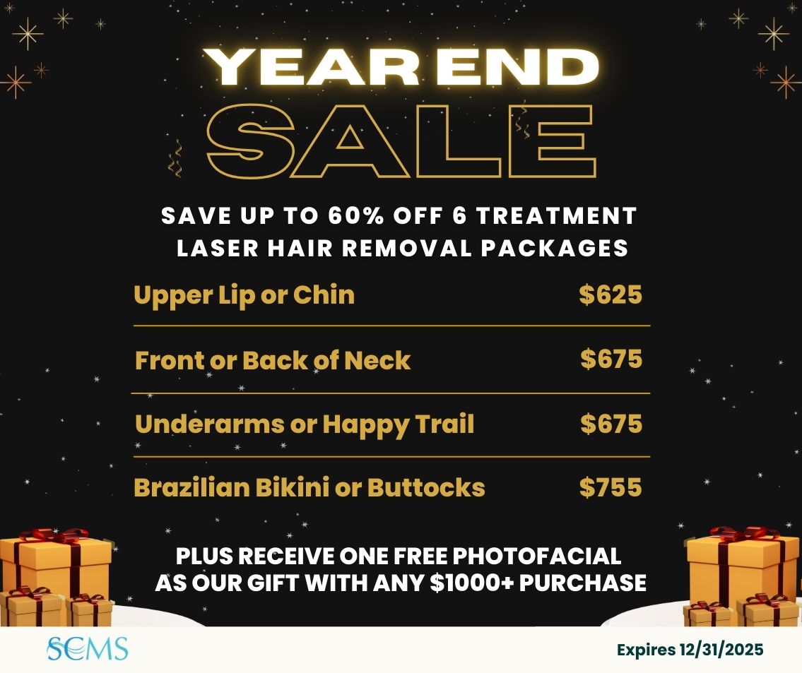 Year End Sale - Save up to 60% Off 6 Treatment Laser Hair Removal Treatments. Upper Lip or Chin - $625. Front or Back of neck - $675. Underarms or Happy Trail - $675. Brazilian Bikini or Buttocks - $755. Limited Time Offer. Plus receive a free photofacial with any $1000+ purchase! Expires 12/31/2025