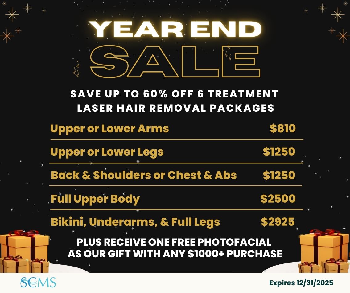 Year End Sale - Save up to 60% Off 6 Treatment Laser Hair Removal Treatments. Upper or Lower Arms - $810. Upper or Lower Legs - $1250. Back and Shoulders or Chest and Abs - Only $1250. Full Upper Body $2500. Bikini, Underarms, and Full Legs - $2925. Limited Time Offer. Plus receive a free photofacial with any $1000+ purchase! Expires 12/31/2025