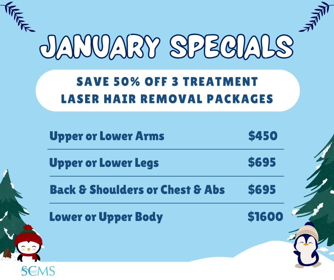 January Special -Save 50% on 3 treatment laser hair removal packages. upper or lower arms $450, Back and Shoulders or Chest and Abs - only $695, upper or lower legs - only $695, lower or upper body - only $1600, Expires 1/31/2026