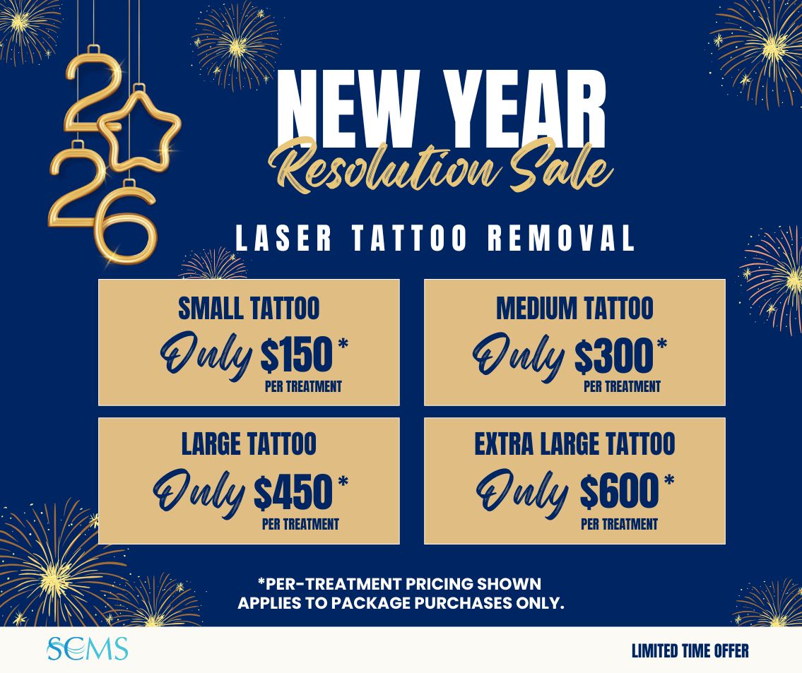 New Year Resolution Sale - Pico Laser Tattoo Removal - Small tattoo - only $150 per treatment, Medium tattoo - Only $300 per treatment, Large - Only $450 per treatment, Extra Large Tattoo - Only $600 per treatment. * Per Treatment pricing shown applies to package purchases only. Limited Time Offer
