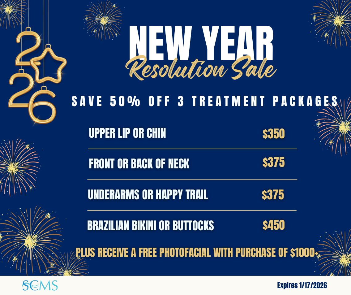 2026 New Year Resolution Sale - Save 50% off 3 treatment laser hair removal packages. Upper Lip or Chin -only $350, Front or Back of Neck - only $375, Underarms or Happy Trail - only $375, Brazilian Bikini or Buttocks - only $450. Plus receive a FREE Photofacial with purchase of $1000+. Expires 1/17/2026