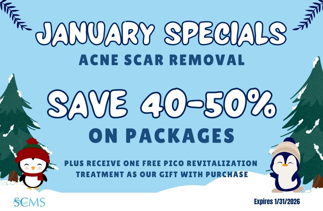 January Specials- Save 40-50% off Acne Scar Removal Paackages, plus receive One Free Pico Revitalization Treatment as our gift with purchase. Expires 1/31/2026