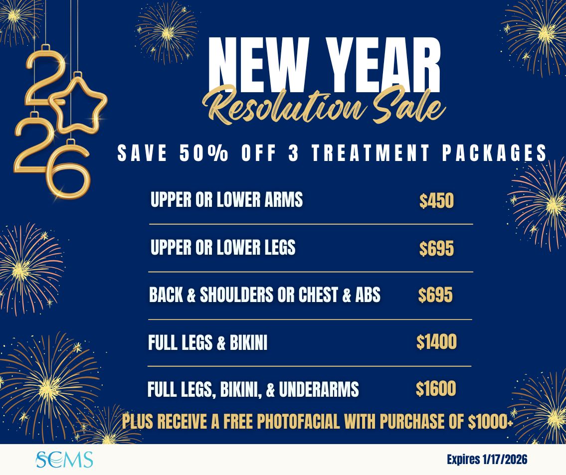 New Year Resolution Sale - Save 50% on 3 treatment laser hair removal packages. upper or lower arms $450, Upper or Lower Legs - only $695, Back and Shoulders or Chest and Abs - only $695, Full Legs and Bikini - only $1400, Bikini, Underarms, & Full Legs - only $1600. Plus receive a FREE photofacial with purchase of $1000+ . Expires 1/17/2026