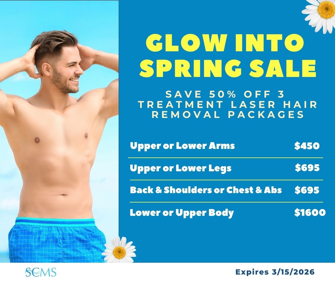 Glow into Spring Sale -Save 50% on 3 treatment laser hair removal packages. upper or lower arms $450, Back and Shoulders or Chest and Abs - only $695, upper or lower legs - only $695, lower or upper body - only $1600, Expires 3/15/2026