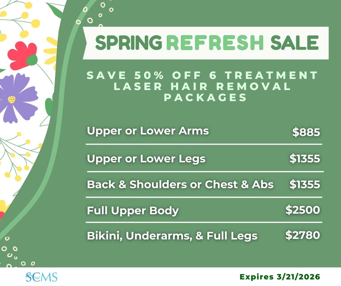 Spring Refresh Sale - SAVE 50% OFF 6 TREATMENT LASER HAIR REMOVAL PACKAGES Upper or Lower Arms — $885 Upper or Lower Legs — $1355 Back & Shoulders or Chest & Abs — $1355 Full Upper Body — $2500 Bikini, Underarms, & Full Legs — $2780 Expires 3/21/2026