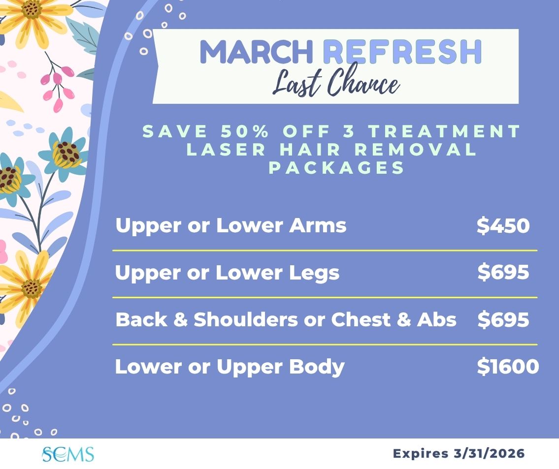 March Refresh - Last Chance -Save 50% on 3 treatment laser hair removal packages. upper or lower arms $450, Back and Shoulders or Chest and Abs - only $695, upper or lower legs - only $695, lower or upper body - only $1600, Expires 3/31/2026