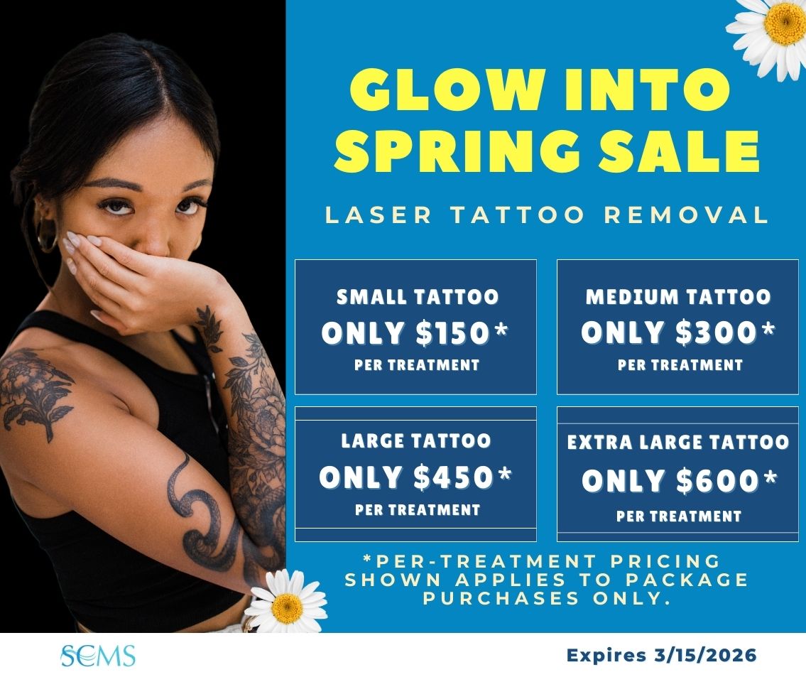 Glow into Spring Sale - Pico Laser Tattoo Removal - Small tattoo - only $150 per treatment, Medium tattoo - Only $300 per treatment, Large - Only $450 per treatment, Extra Large Tattoo - Only $600 per treatment. * Per Treatment pricing shown applies to package purchases only. Expires 3/15/2026