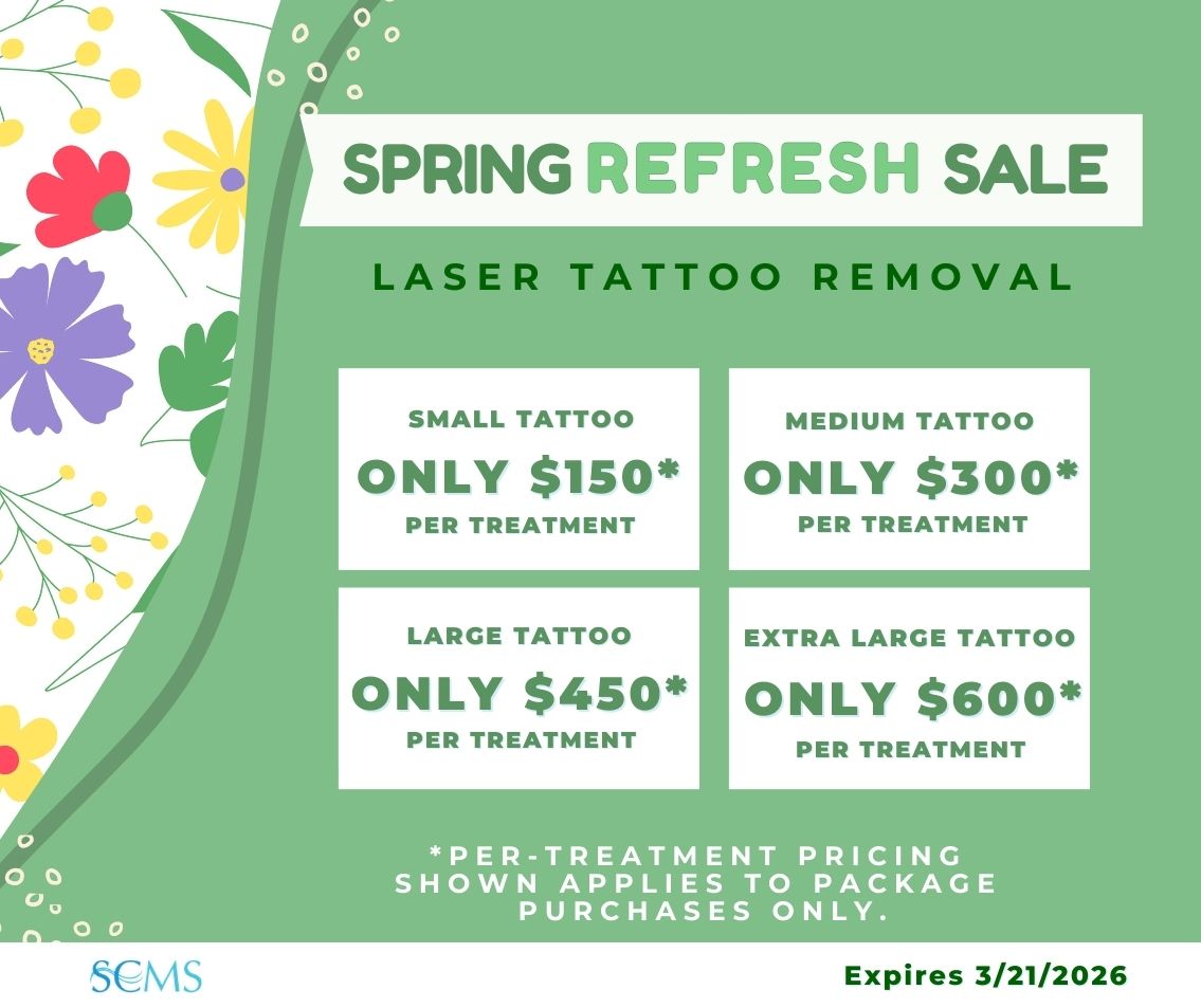 Spring Refresh Sale - Pico Laser Tattoo Removal - Small tattoo - only $150 per treatment, Medium tattoo - Only $300 per treatment, Large - Only $450 per treatment, Extra Large Tattoo - Only $600 per treatment. * Per Treatment pricing shown applies to package purchases only. Expires 3/21/2026