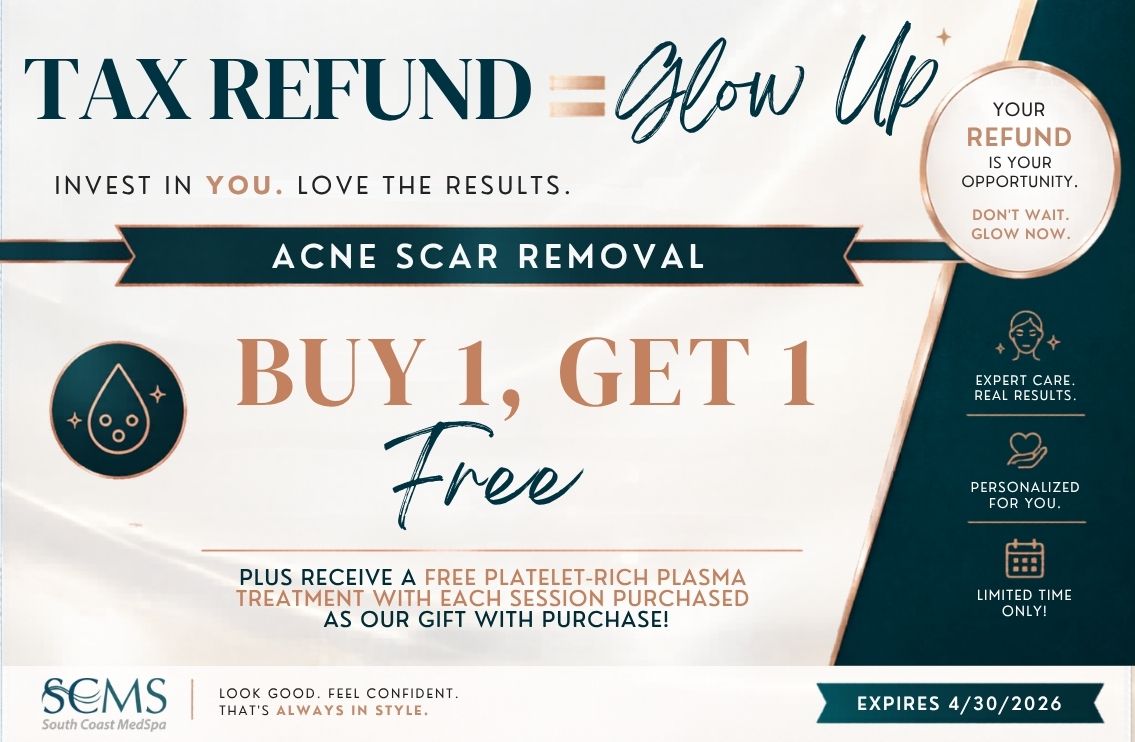 Tax Refund Glow Up flyer for Acne Scar Removal advertising “Buy 1, Get 1 Free” with subtext “Plus receive a free platelet-rich plasma treatment with each session purchased as our gift with purchase.” Features teal and gold design, circular droplet icon representing skin resurfacing, SCMS South Coast MedSpa branding, right-side panel with “Your refund is your opportunity. Don’t wait. Glow now.” and icons for expert care, personalized treatments, and limited time offer, expires 4/30/2026.