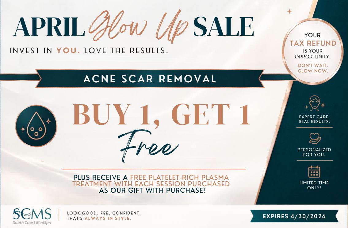 April Glow Up Sale flyer for Acne Scar Removal advertising “Buy 1, Get 1 Free” with subtext “Plus receive a free platelet-rich plasma treatment with each session purchased as our gift with purchase.” Features teal and gold design, circular droplet icon representing skin resurfacing, SCMS South Coast MedSpa branding, right-side panel with “Your refund is your opportunity. Don’t wait. Glow now.” and icons for expert care, personalized treatments, and limited time offer, expires 4/30/2026.