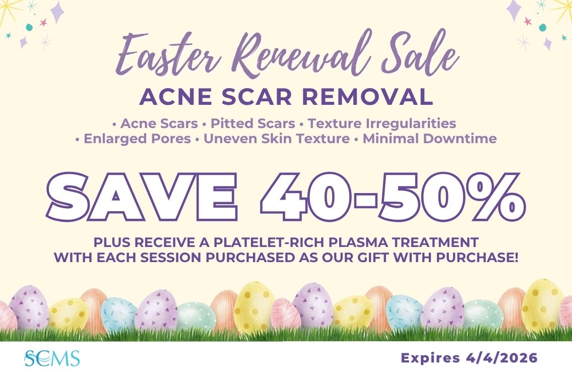 South Coast MedSpa Easter Renewal Sale for Acne Scar Removal. Treats acne scars, pitted scars, texture irregularities, enlarged pores, and uneven skin texture with minimal downtime. Save 40 to 50 percent and receive a platelet rich plasma treatment with each session purchased as a gift with purchase. Offer expires April 4 2026.