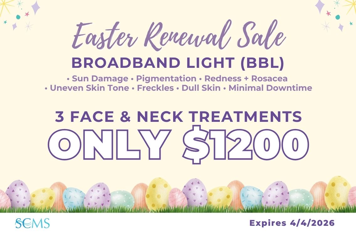 South Coast MedSpa Easter Renewal Sale for Broadband Light BBL treatment. Treats sun damage, pigmentation, redness, rosacea, uneven skin tone, freckles, and dull skin with minimal downtime. Three face and neck treatments only 1200 dollars. Offer expires April 4 2026.