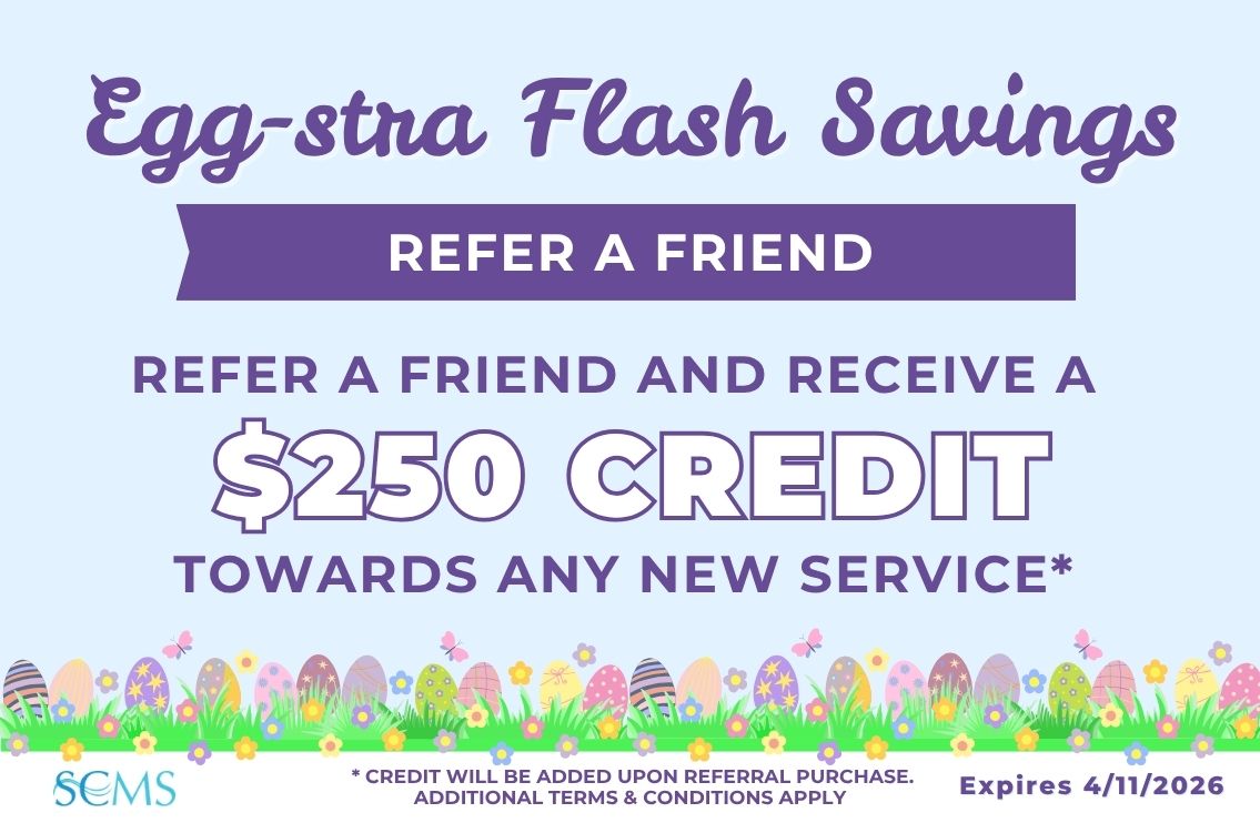 Egg-stra Flash Savings Referral promotion. Refer a friend and receive a 250 dollar credit towards any new service. Credit will be added upon referral purchase. Additional terms and conditions apply. Offer expires April 11 2026.